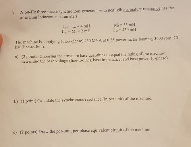 Solved A 60 Hz Three Phase Synchronous Generator With Chegg Com