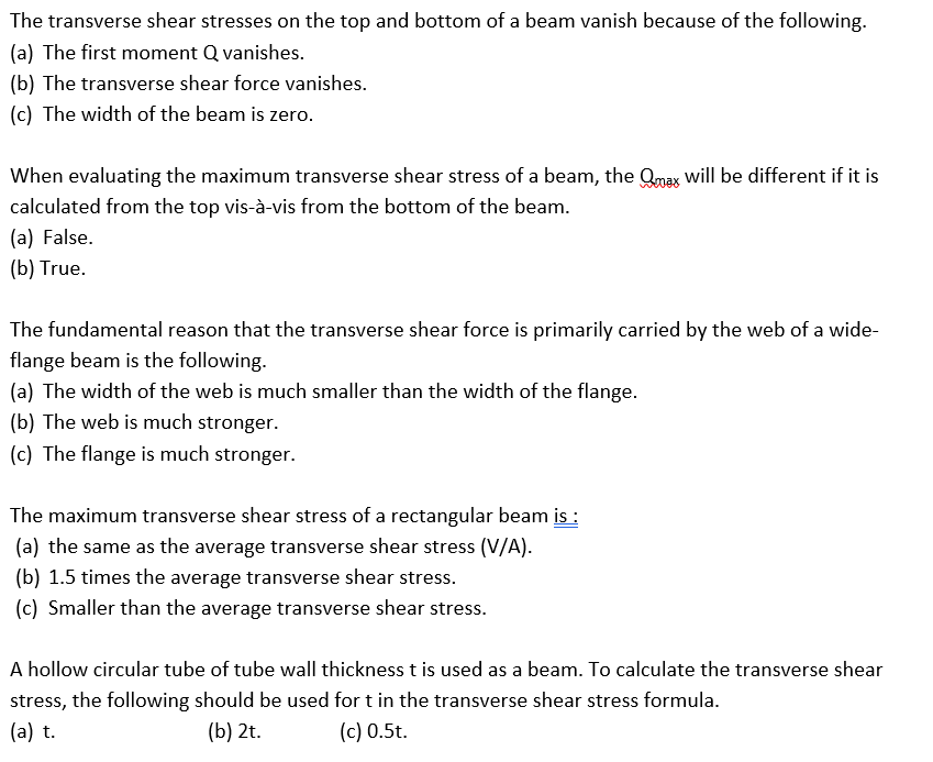 Solved The Transverse Shear Stresses On The Top And Botto Chegg Com