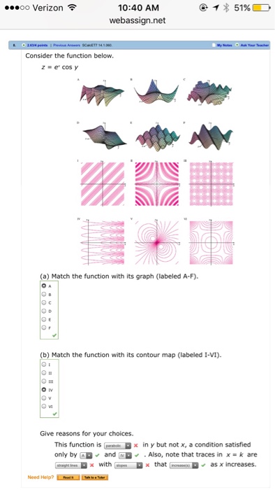 Solved Consider The Function Below Z E X Cos Y Match The Chegg Com