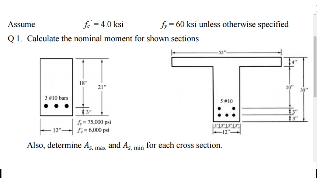 Calculate the nominal moment for shown sections. A