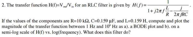 Solved The Transfer Function H F V Out V In For An Rlc Chegg Com