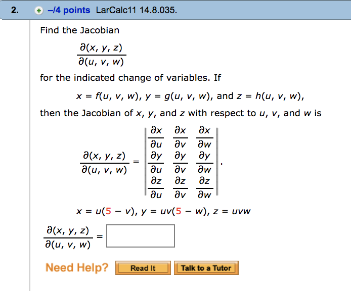 Solved 2 14 Points Larcalc11 14 8 035 Find The Jacobian Chegg Com