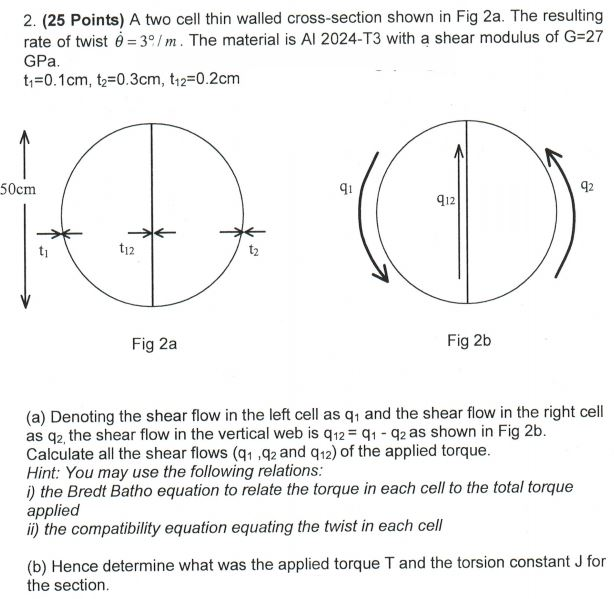 Solved 2 25 Points A Two Cell Thin Walled Cross Sectio Chegg Com