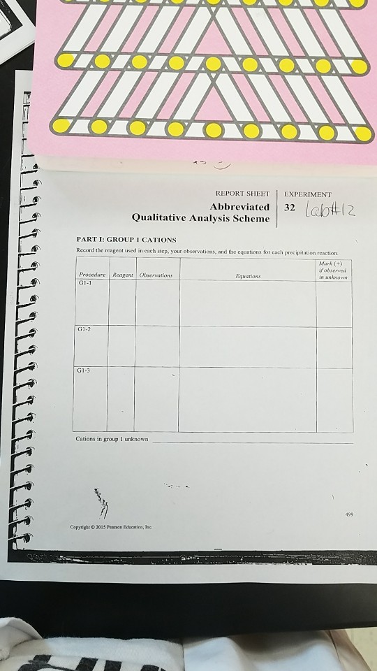 REPORT SHEETEXPERIMENT lab#12 32 Qualitative Analysis Scheme PART I: GROUP 1 CATIONS Record the rcagent used in each scp, your observations, and the equations for each precipitation reacticr Mark (+) fobserverd in unknown Procedure Reagewr Oervations G1-1 Equarions G1-3 Cations in group I unknown 499 Copyright © 2015 Pearson Edacatim, Inc.