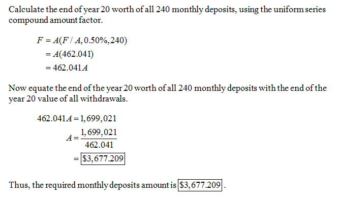 Calculate the end of year 20 worth of all 240 monthly deposits, using the uniform series compound amount factor. F 4(F/ 4, 0.