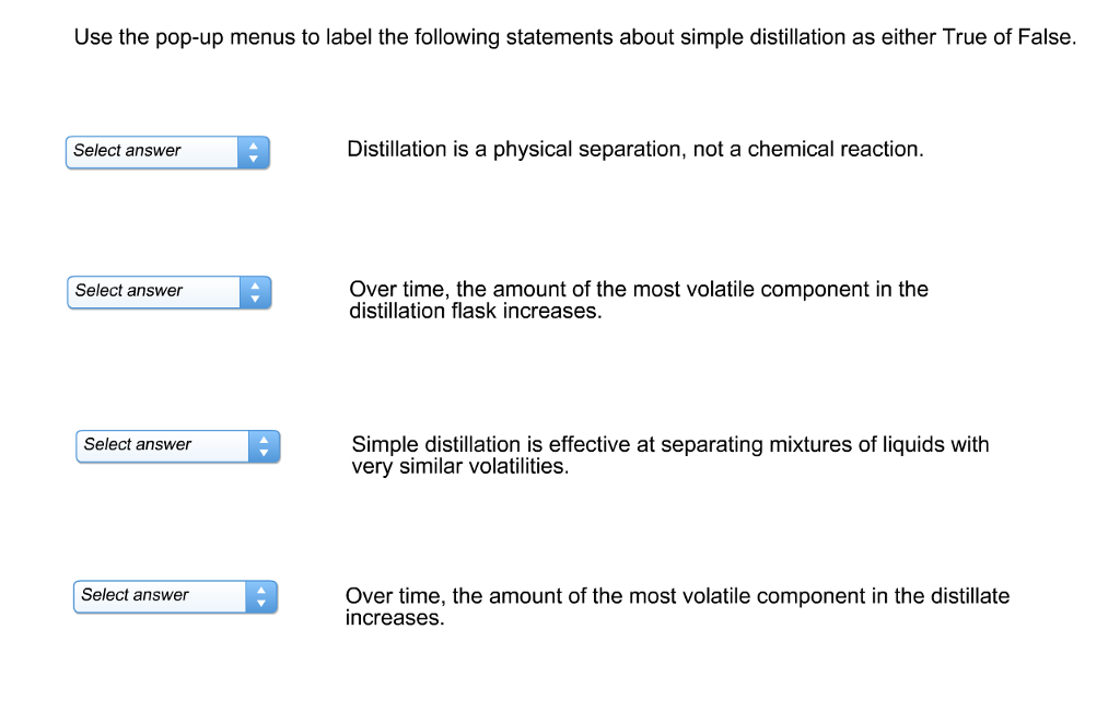 Use the pop-up menus to label the following statements about simple distillation as either True of False. Select answer Distillation is a physical separation, not a chemical reaction. Sec rnover he mount o the most volatie component in the Over time, the amount of the most volatile component in the distillation flask increases. Simple distillation is effective at separating mixtures of liquids with very similar volatilities. Select answer Select answer Over time, the amount of the most volatile component in the distillate