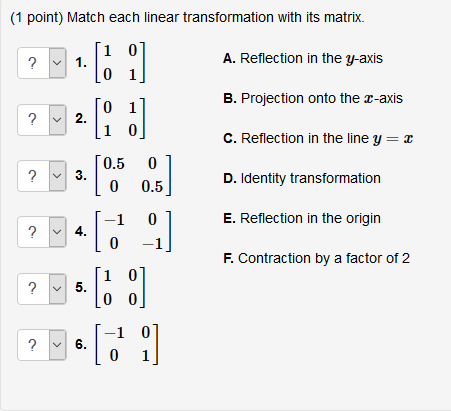 Solved Match Each Linear Transformation With Its Matrix Chegg Com