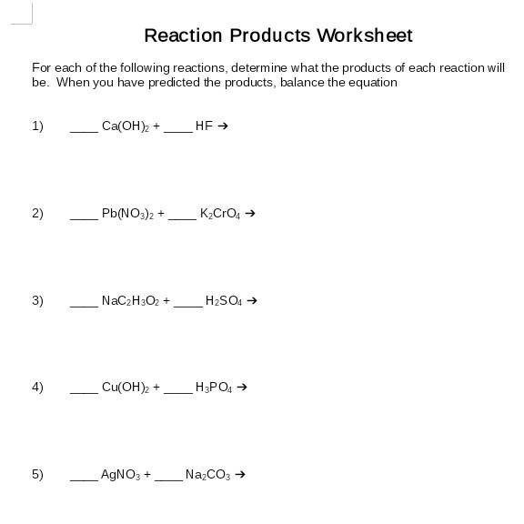 Reaction Products Worksheet Answers Worksheet List