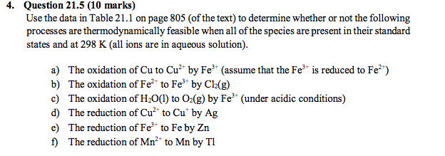 4. Question 21.5 (10 marks) Use the data in Table 21.1 on page 805 (of the text) to determine whether or not the following processes are thermodynamically feasible when all of the species are present in their standard states and at 298 K (all ions are in aqueous solution). a) The oxidation of Cu to Cu by Fe (assume that the Fe is reduced to Fe*) b) The oxidation of Fe to Fe by Cl(g) c) The oxidation of H2O(1) to O2(g) by Fe (under acidic conditions) d) The reduction of Cu2 to Cu by Ag e) The reduction of Fe to Fe by Zn f) The reduction of Mn2 to Mn by Tl