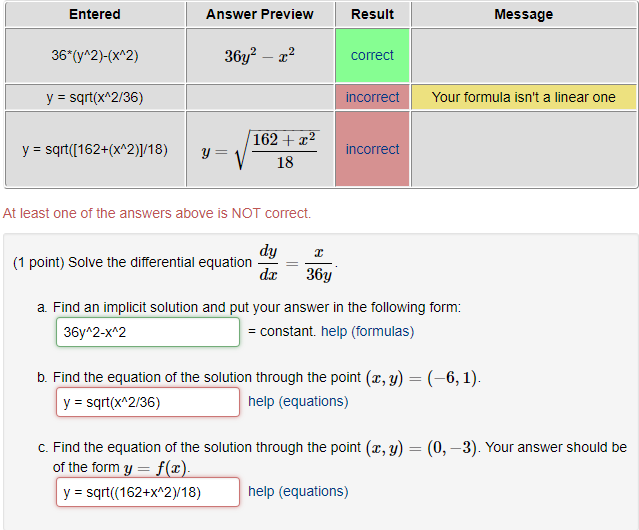 Entered Answer Preview Result Message 36 Y 2 X 2 Chegg Com