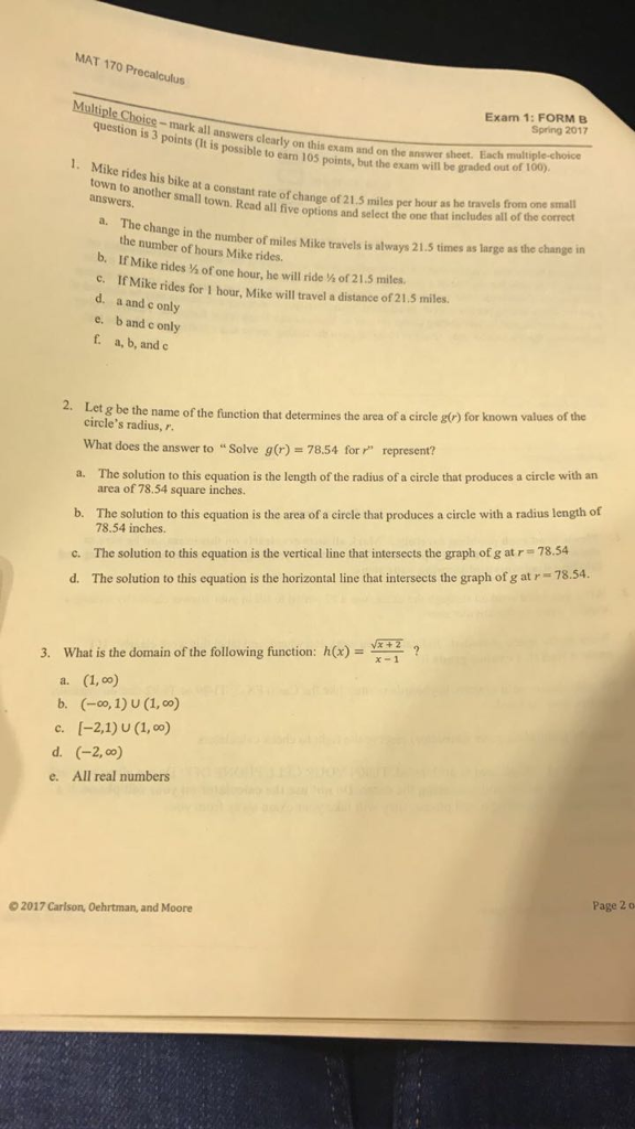 Solved Mat 170 Precalculus Question Mark Exam 1 Form B I