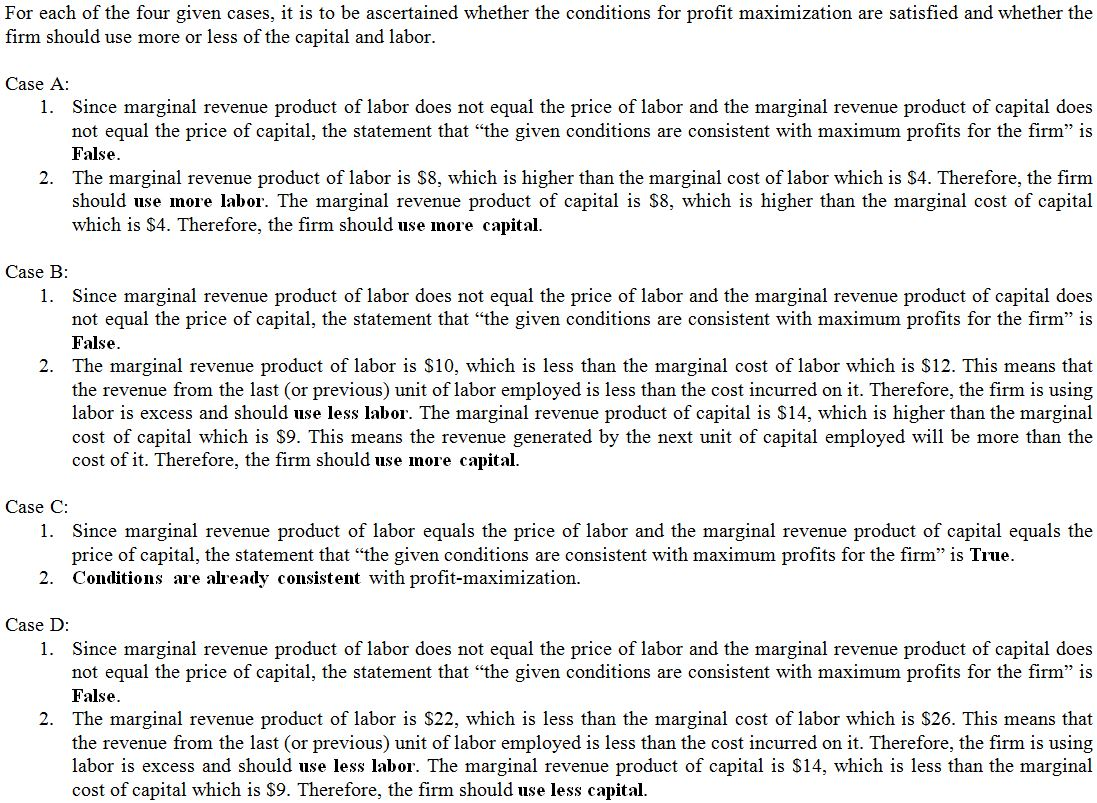 For each of the four given cases, it is to be ascertained whether the conditions for profit maximization are satisfied and wh