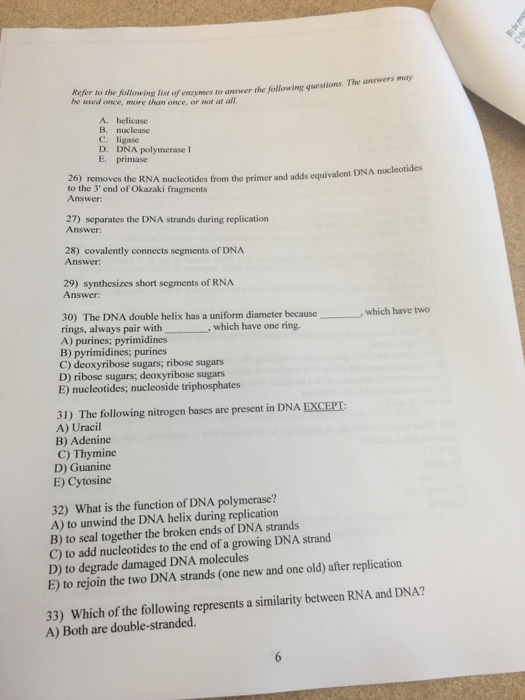 Solved Refer To The Following List Of Enzymes To Answer The | Chegg.com