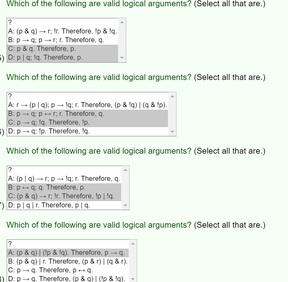 Solved Which Of The Following Are Valid Logical Arguments Chegg Com