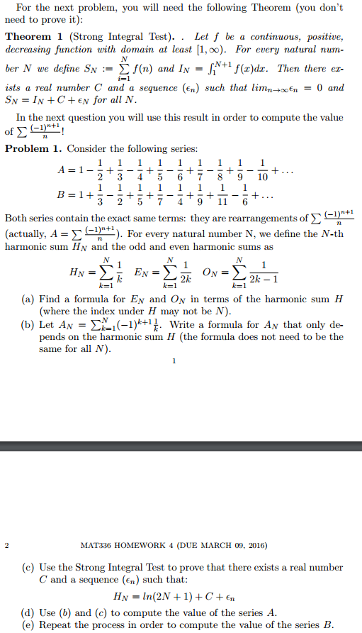 Strong Integral Test On Sequences And Harmonic Sums Chegg Com