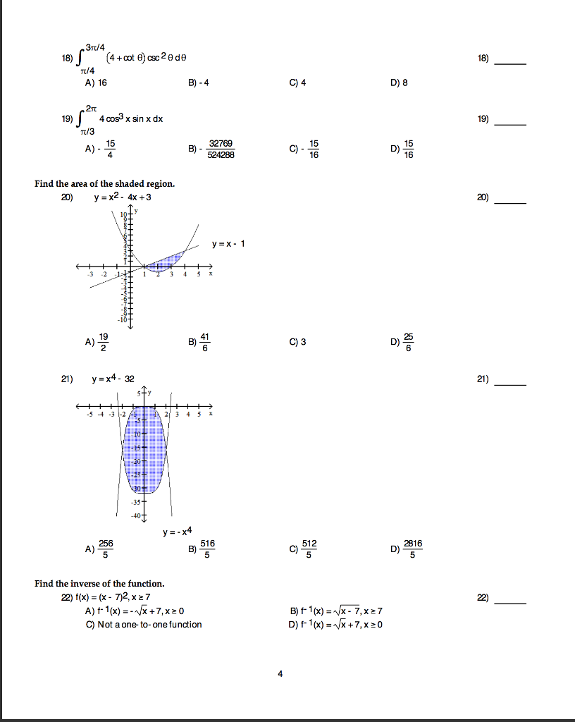 Integral 3 Pi 4 Pi 4 4 Cot Theta Csc 2 Theta D Chegg Com