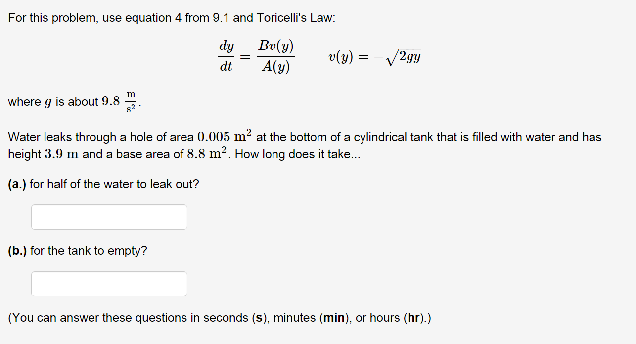 Solved For This Problem Use Equation 4 From 9 1 And Tori Chegg Com