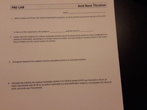 Pre Lab Acid Base Titration 1 Define Analyte And Chegg 