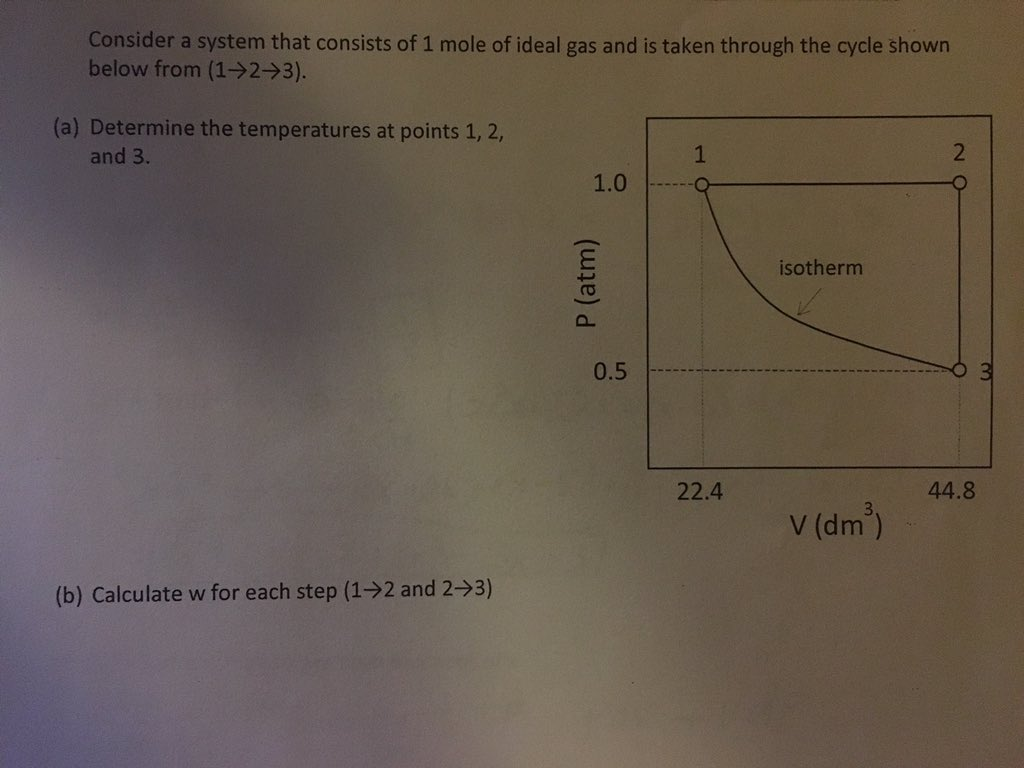 Consider a system that consists of 1 mole of ideal gas and is taken through the cycle shown below from (1→293). (a) Determine the temperatures at points 1, 2, and 3. 1.0 isotherm 0.5 22.4 44.8 V (dm) (b) Calculate w for each step (192 and 2→3)