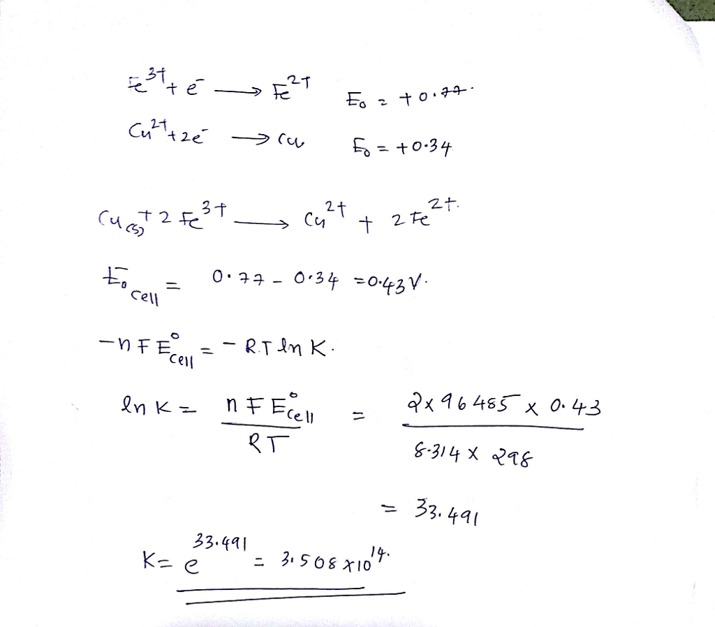 Question & Answer: Calculate the equilibrium constant K for the following reaction at 25 degree C from standard..... 1
