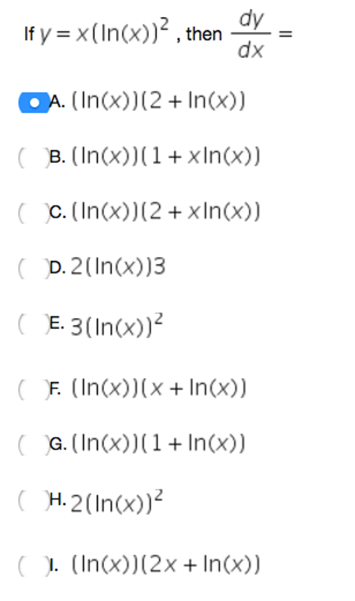 If Y X Ln X 2 Then Dy Dx Ln X 2 Ln X Chegg Com