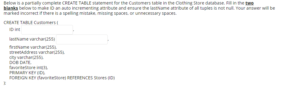 Solved Below Is A Partially Complete Create Table Stateme Chegg Com
