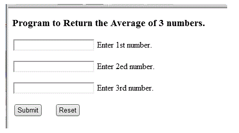 Program to Return the Average of 3 numbers Enter 1st number. Enter 2ed number. Enter 3rd number Submit Reset