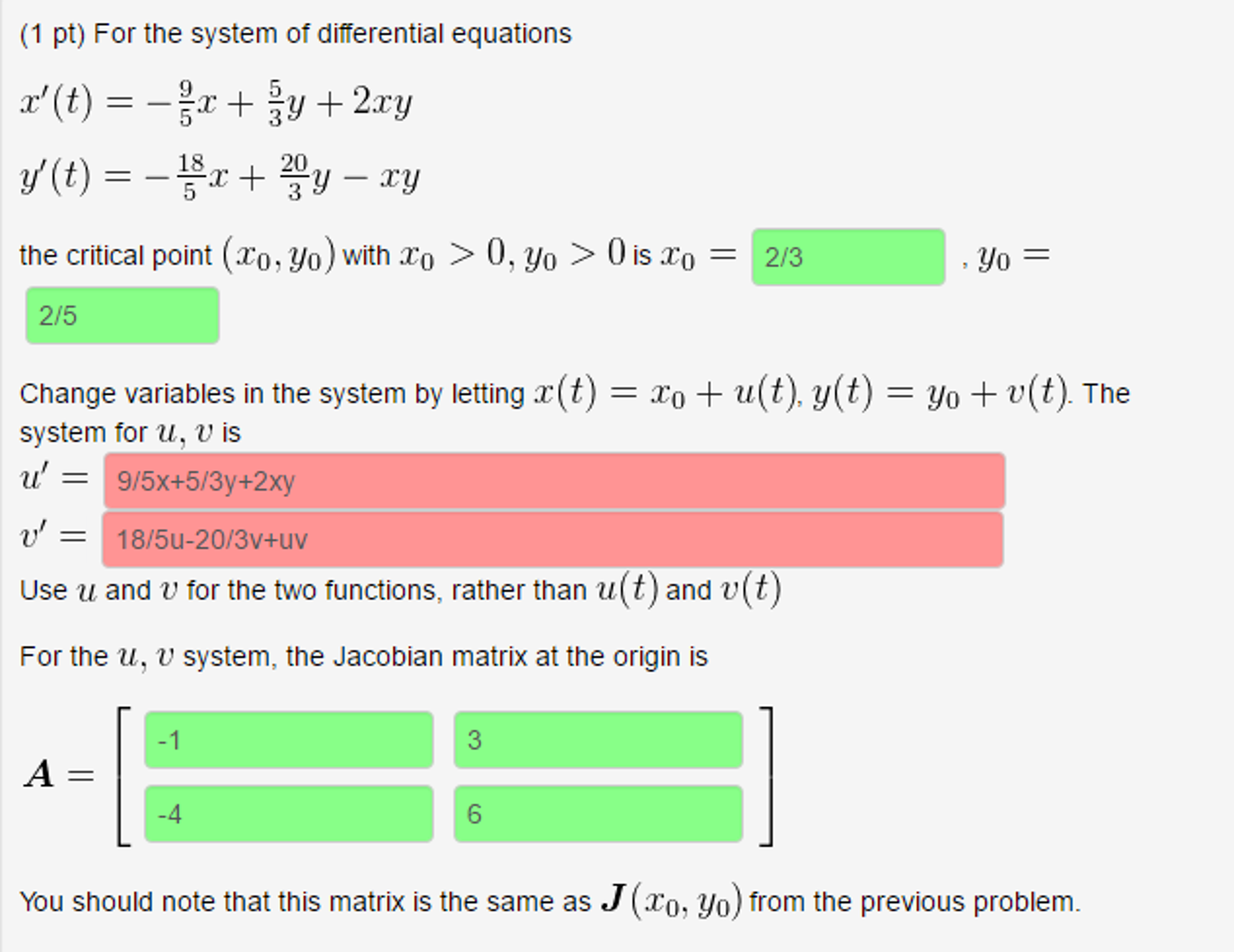 Solved For The System Of Differential Equations X T Chegg Com