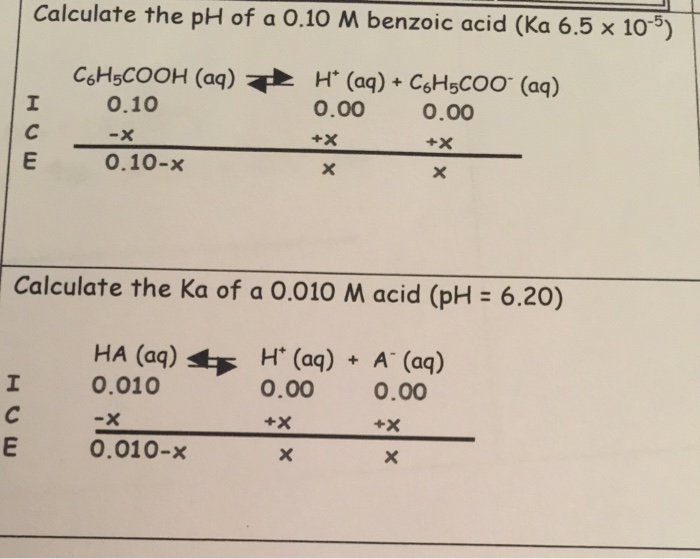 Solved Calculate The Ph Of A 0 10 M Benzoic Acid Ka 6 5 Chegg Com