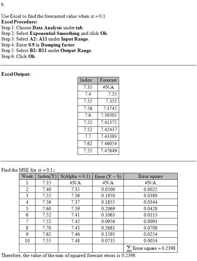 Use Excel to find the forecasted value when c 0.1 Excel Procedure: Step 1: Choose Data Analysis under talb Step 2: Select Exp