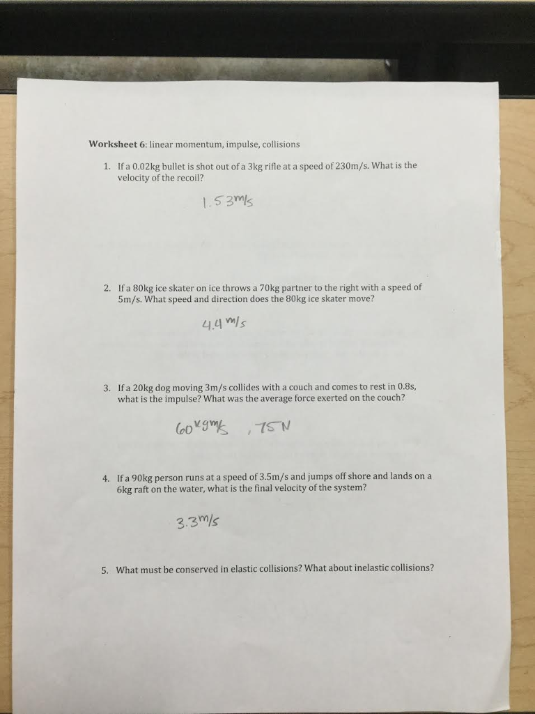 Linear momentum, collision, and impulse. Please  Chegg.com With Momentum And Collisions Worksheet Answers
