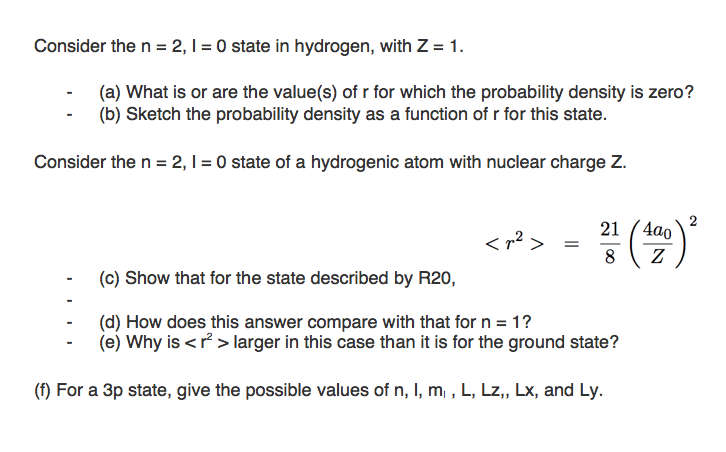 Solved Consider The N 2 L 0 State In Hydrogen With Chegg Com