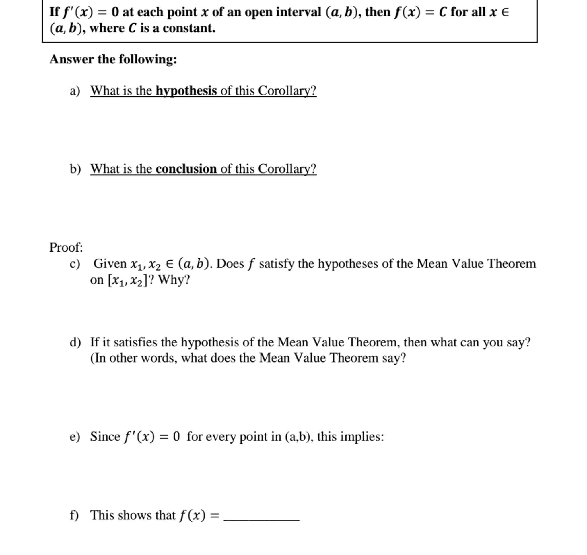 Solved If F X 0 At Each Point X Of An Open Interval Chegg Com