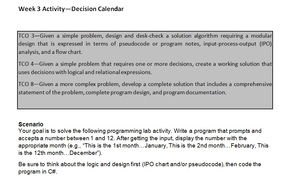 Solved Week 3 Activity Decision Calendar Tco 3 Given A Si