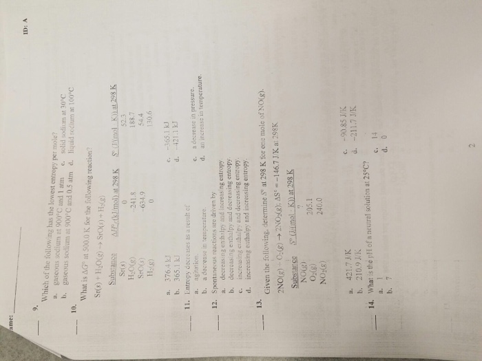 Solved Which Of The Following Has The Lowest Entropy Per | Chegg.com
