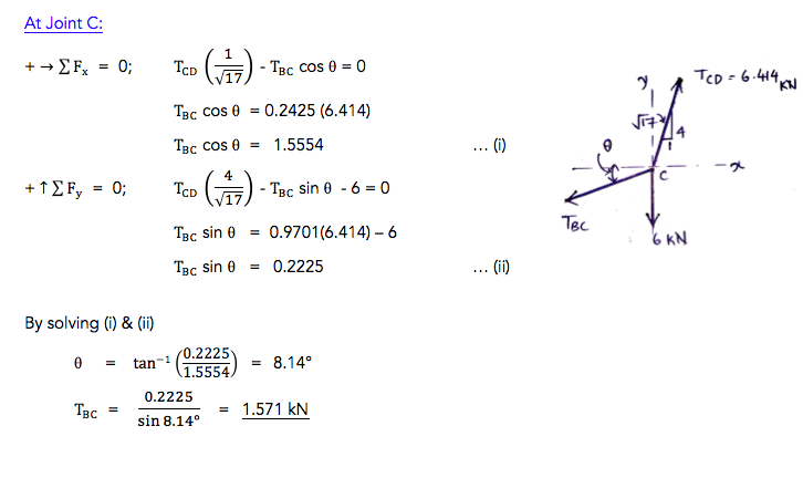 At Joint C: 1 CD lgc cos ? = 0 V17 ?? 6.414 KJ Tac cos ? = 0.2425 (6.414) Toc cos ? 1.5554 4 -Tgc sin ? ?6-0 CD17 Tac sin ? -