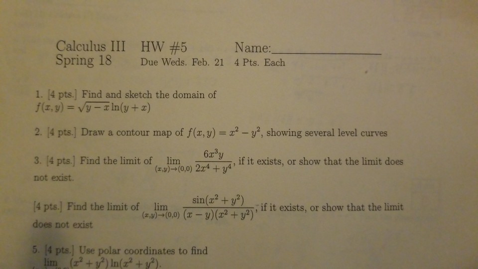 Solved Calculus Iii Hw 5 Due Weds Feb 21 4 Pts Each N Chegg Com