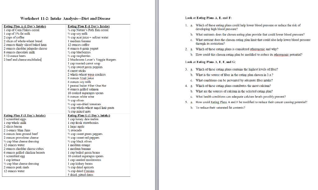 Solved Worksheet 11 2 Intake Analvsis Diet And Disease L