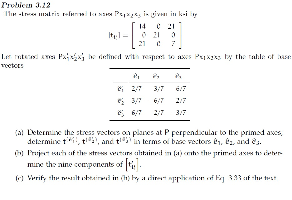 Problem 3 12 The Stress Matrix Referred To Axes Chegg Com