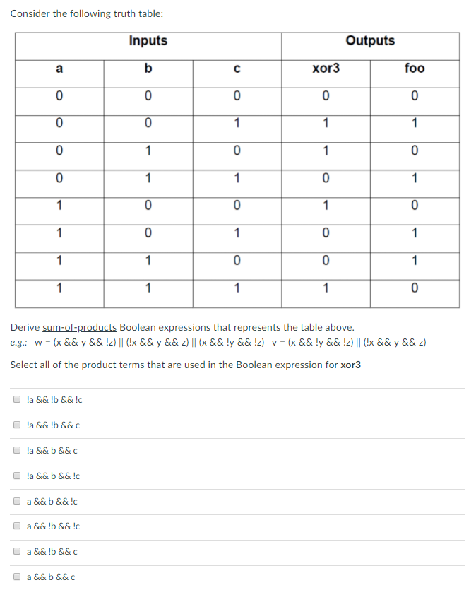 Consider the following truth table Inputs Outputs xor3 foo (0 Derive sum-of products Boolean expressions that represents the table above Select all of the product terms that are used in the Boolean expression for xor3 la&& b&&