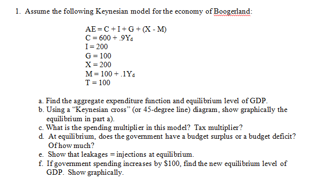 Solved 1 Assume The Following Keynesian Model For The Ec Chegg Com