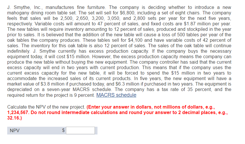 Solved J Smythe Inc Manufactures Fine Furniture He C