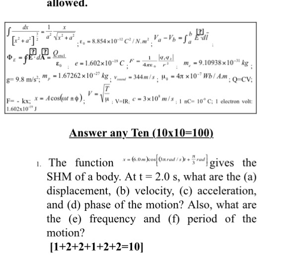 The Function X 6 0 M Cos 3 Pi Rad S T Pi 3 Chegg Com