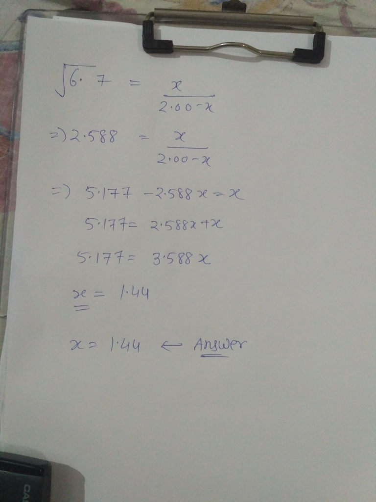 Question & Answer: Please solve showing all steps: square root of 6.7=x/2.00-x..... 1