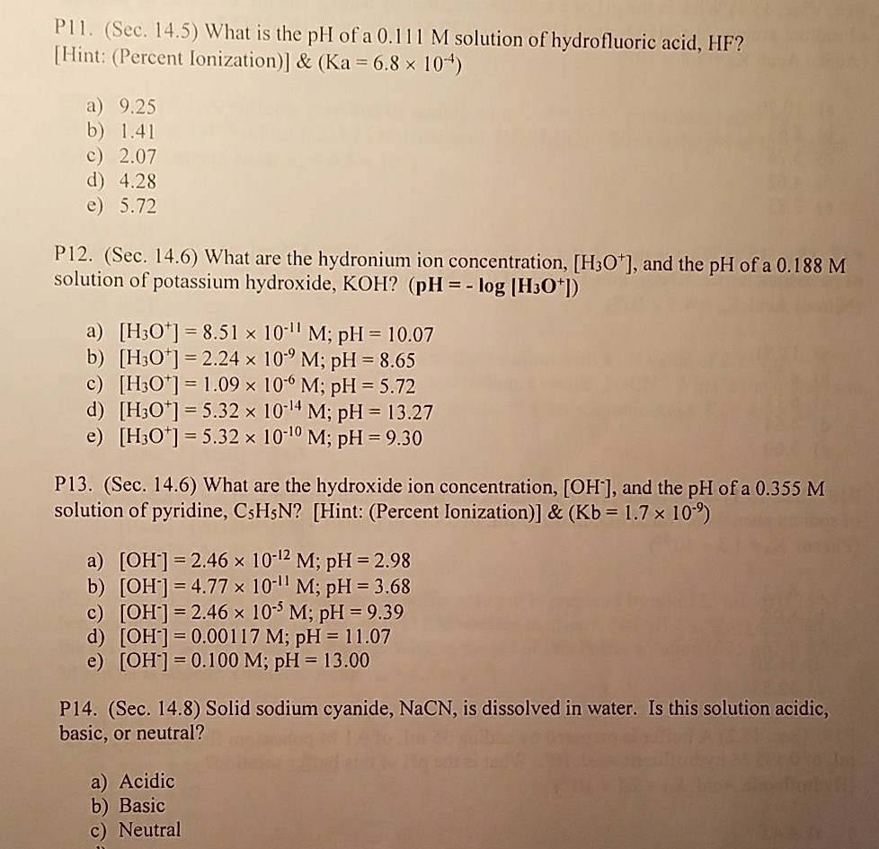 Solved What Is The Ph Of A 0 111 M Solution Of Hydrofluor Chegg Com