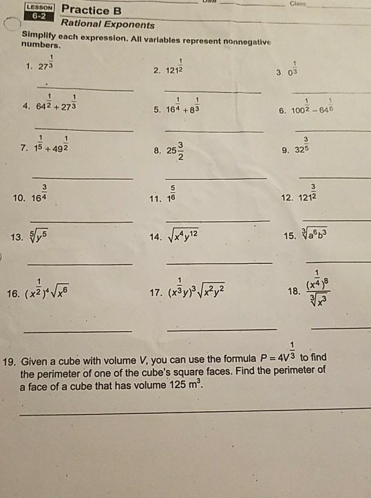 Lesson Practice B Clans 6 2 Rational Exponents Chegg 