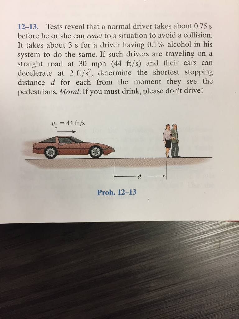 12-13. Tests reveal that a normal driver takes about 0.75s before he or she can react to a situation to avoid a collision. It takes about 3 s for a driver having 0.1% alcohol in his system to do the same. If such drivers are traveling on a straight road at 30 mph (44 ft/s) and their cars can decelerate at 2 ft/s2, determine the shortest stopping distance d for each from the moment they see the pedestrians. Moral: If you must drink, please dont drive! 1 44 ft/s Prob. 12-13