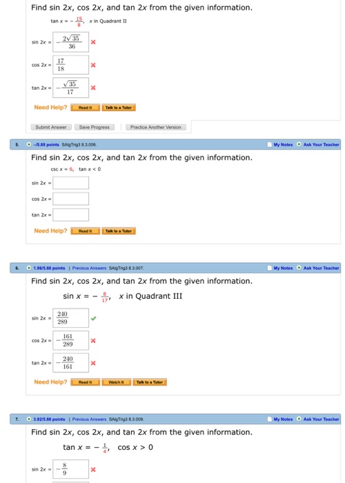 Solved Find Sin 2x Cos 2x And Tan 2x From The Given Chegg Com