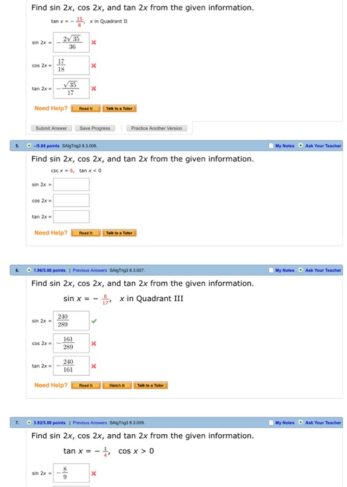 Find Sin 2x Cos 2x And Tan 2x From The Given Chegg Com