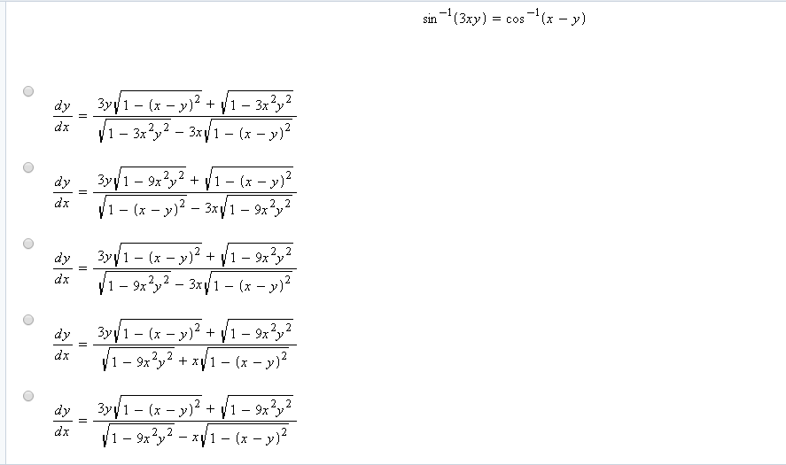 Sin 1 3xy Cos 1 X Y Dy Dx 3ysquareroot 1 Chegg Com